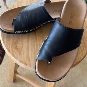 Gabor Black Leather Slide Sandals with Contrast Stitching